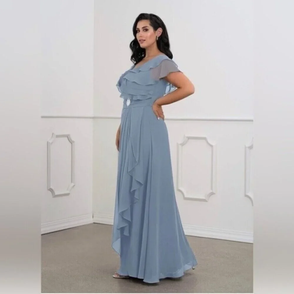 AZAZIE maxi dress A-Line Ruched Chiffon Floor-Length Dress Dusty Blue Size 10 - Picture 9 of 14